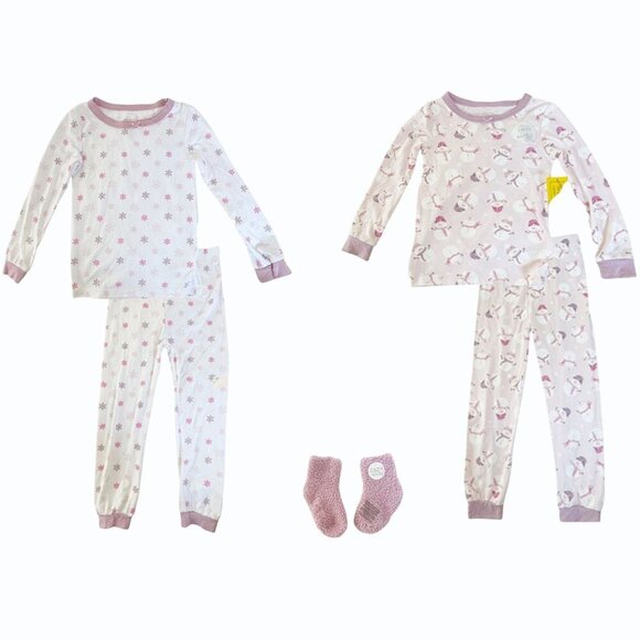 Milkberry Toddler 3T Girl Bamboo Pajama Bundle 2 Sets + Socks Pink Snowman Dots - Picture 1 of 11